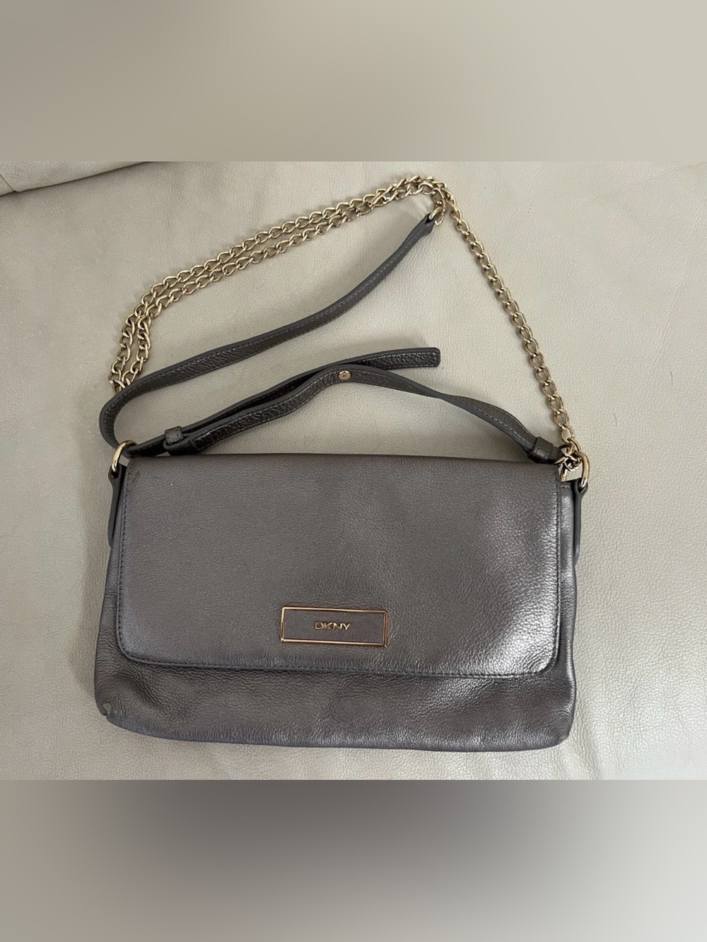 DKNY Dark Gray Leather Crossbody with Gold Chain Strap